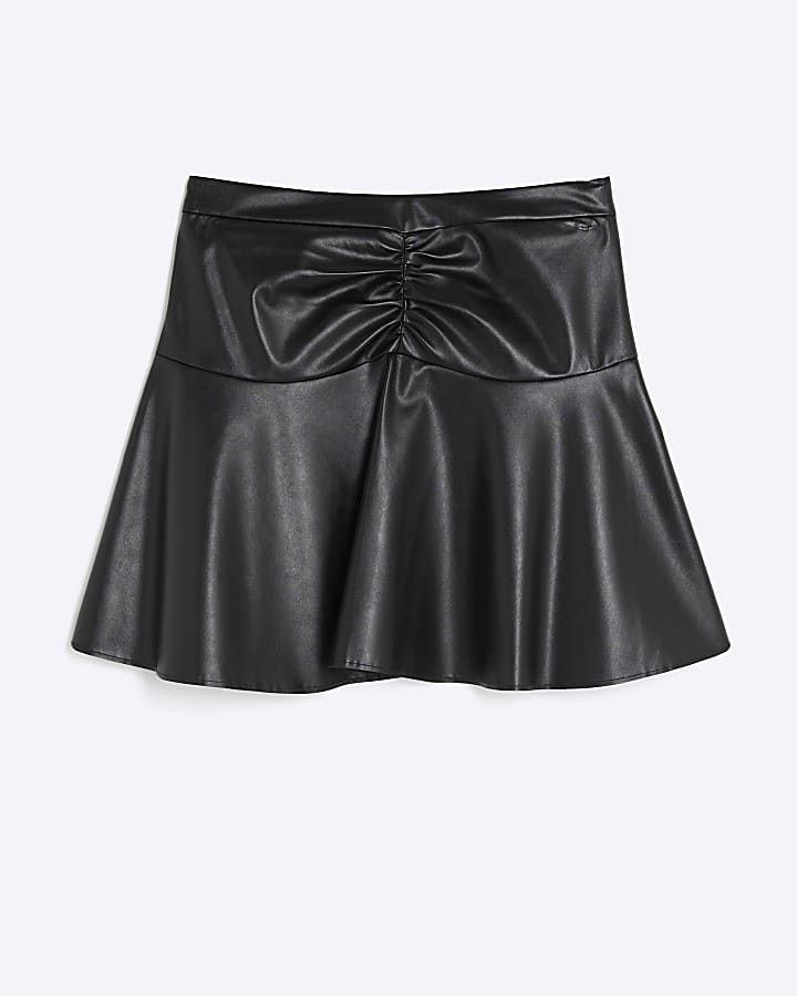 river island Black Faux Leather Ruched Mini Skirt
