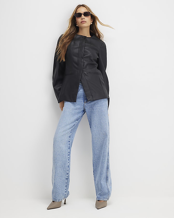 River Island Black Faux Leather Sculpted Blazer