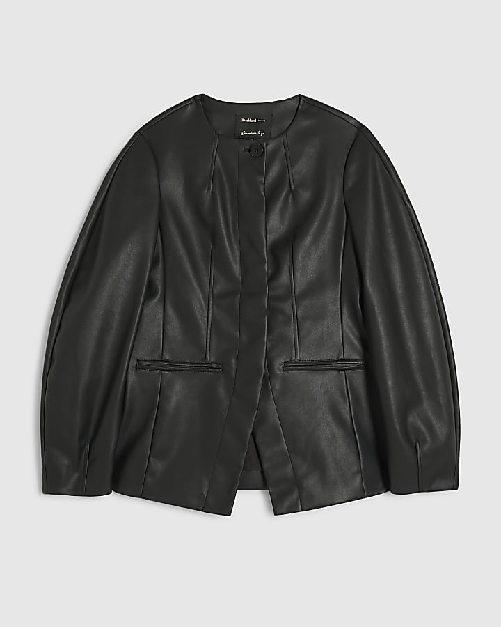 river island Black Faux Leather Sculpted Blazer