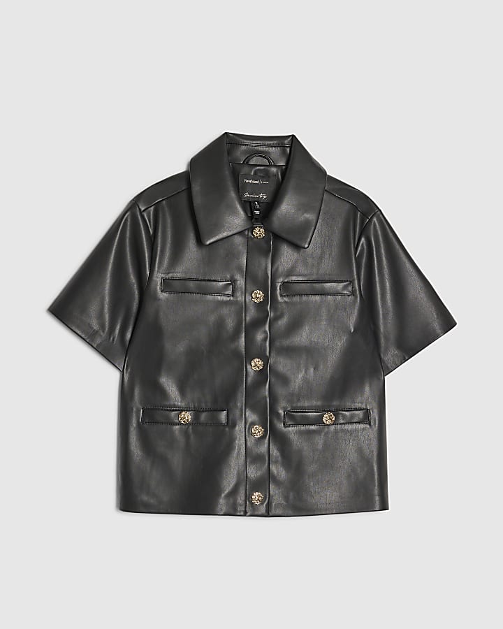 river island Black Faux Leather Short Sleeve Shirt