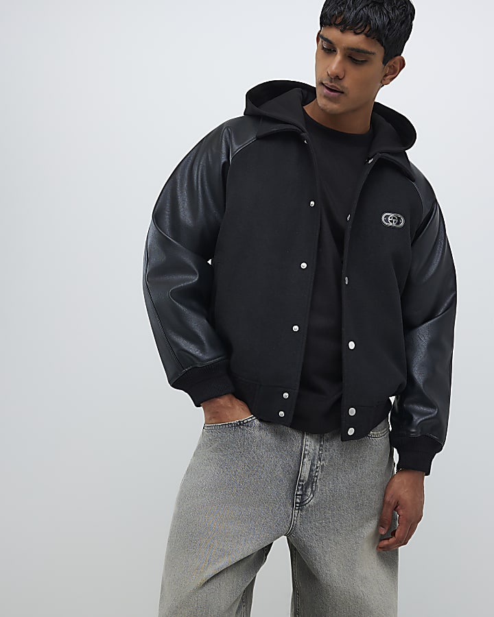 River Island Black Faux Leather Wool Bomber Jacket