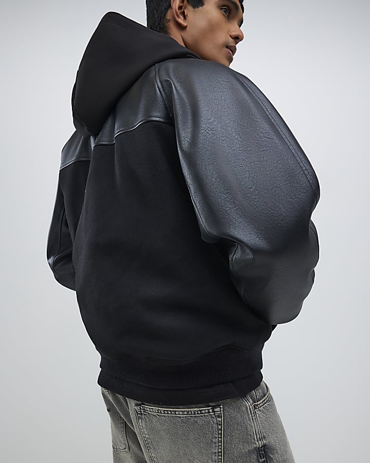 River Island Black Faux Leather Wool Bomber Jacket