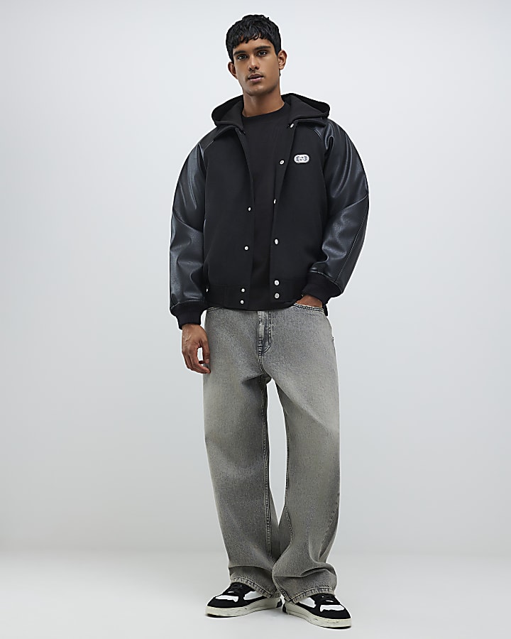 River Island Black Faux Leather Wool Bomber Jacket