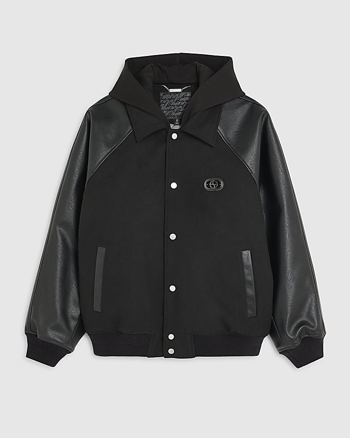 river island Black Faux Leather Wool Bomber Jacket