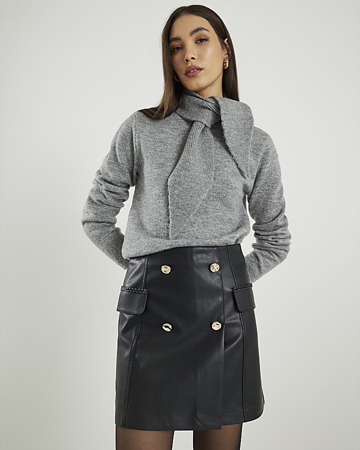 River Island Black Faux Leather Wrap Mini Skirt