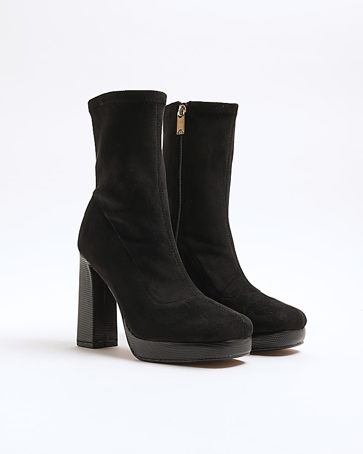 River Island Black Faux Suede Platform Sock Boots