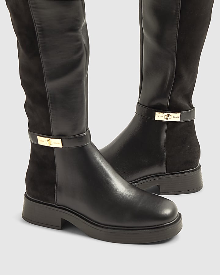 River Island Black Flat Over The Knee Riding Boots