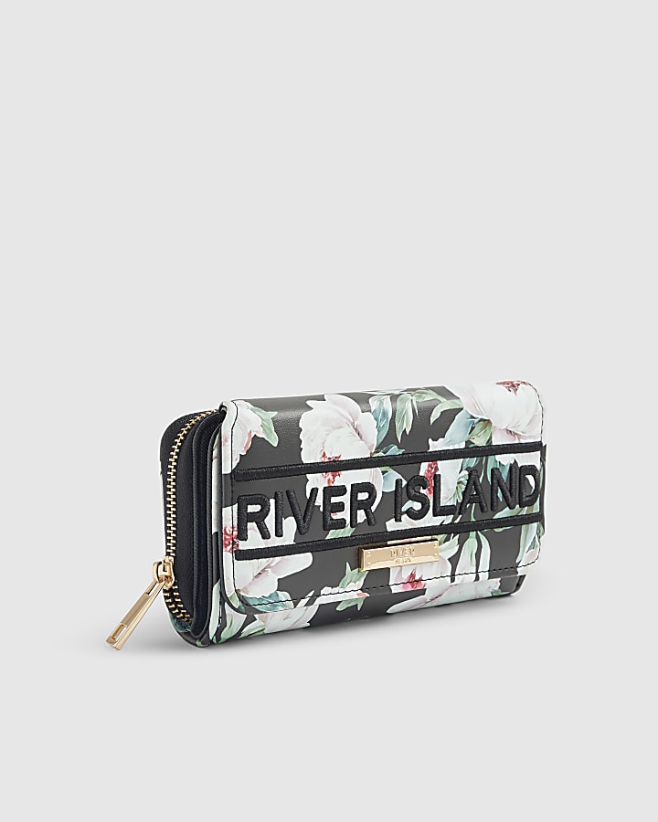 River Island Black Floral Flap Zip Around Purse