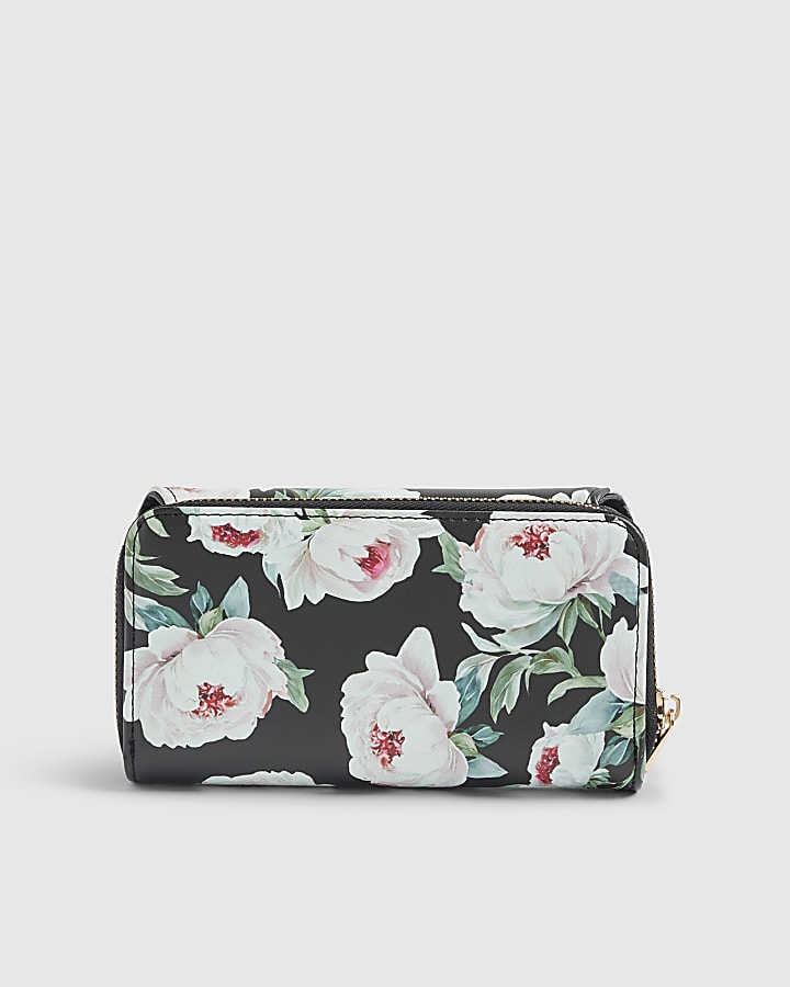 River Island Black Floral Flap Zip Around Purse