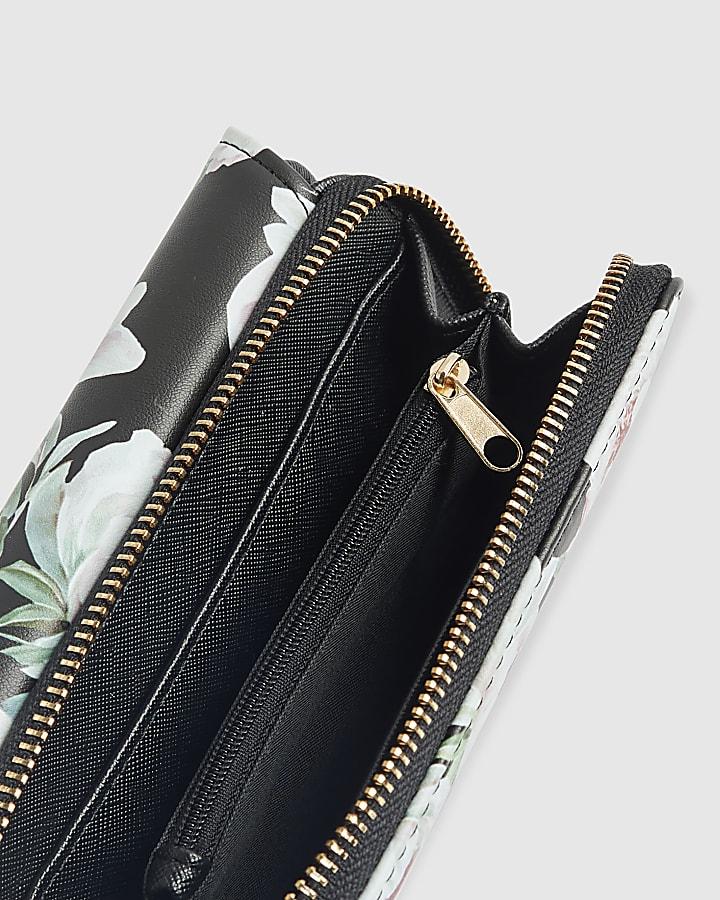 river island Black Floral Flap Zip Around Purse