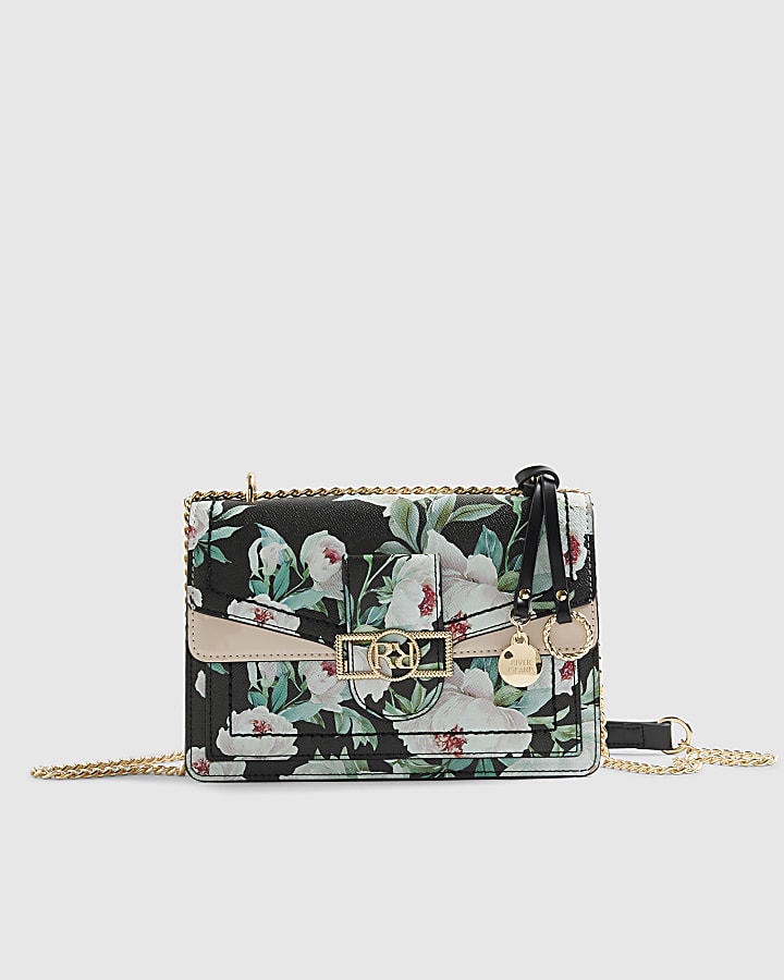 River Island Black Floral Panelled Shoulder Bag