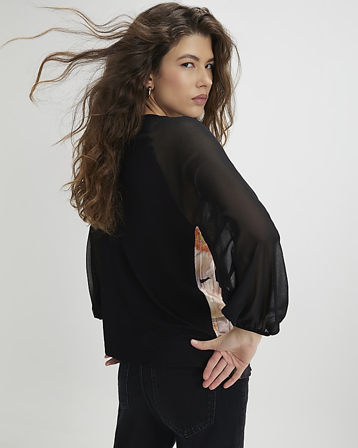 River Island Black Floral Pleated Long Sleeve Top