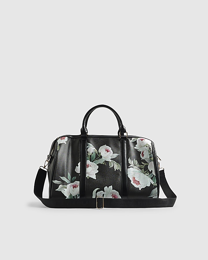 River Island Black Floral Print Barrel Bundle Bag
