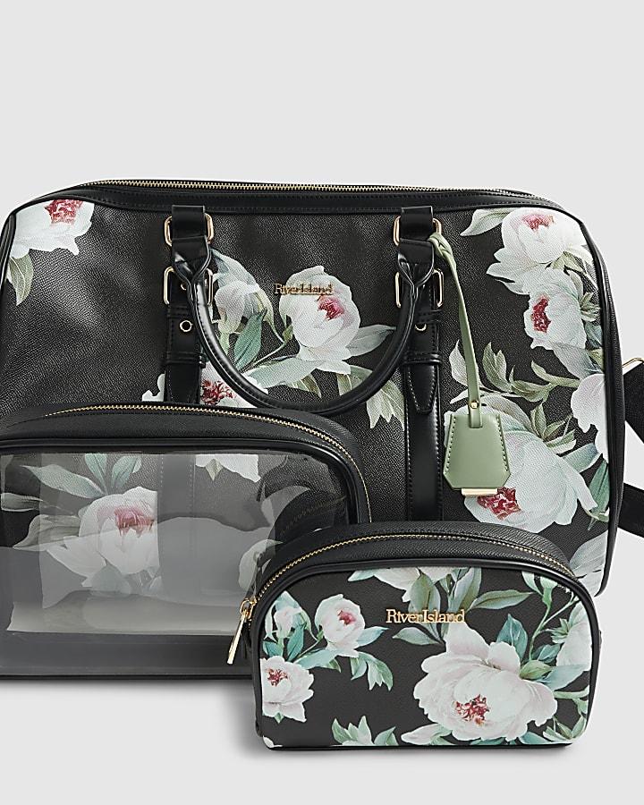 River Island Black Floral Print Barrel Bundle Bag