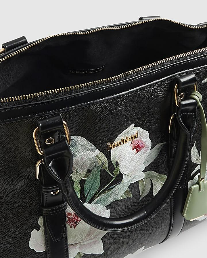 river island Black Floral Print Barrel Bundle Bag