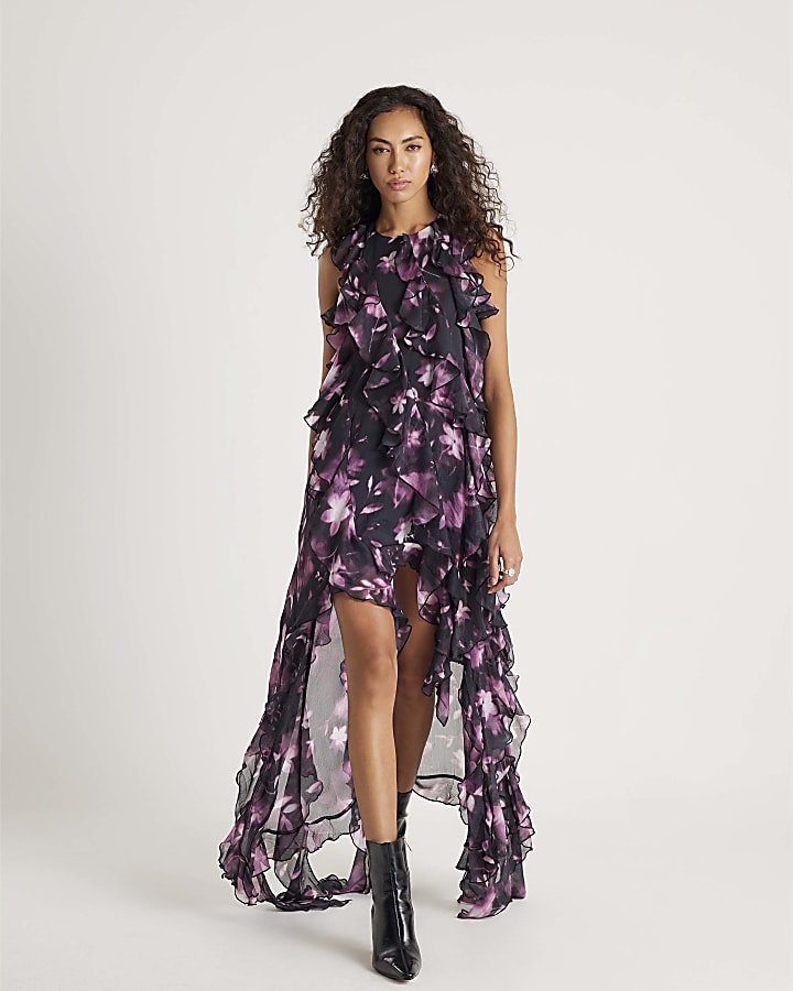 River Island Black Floral Ruffle Maxi Dress