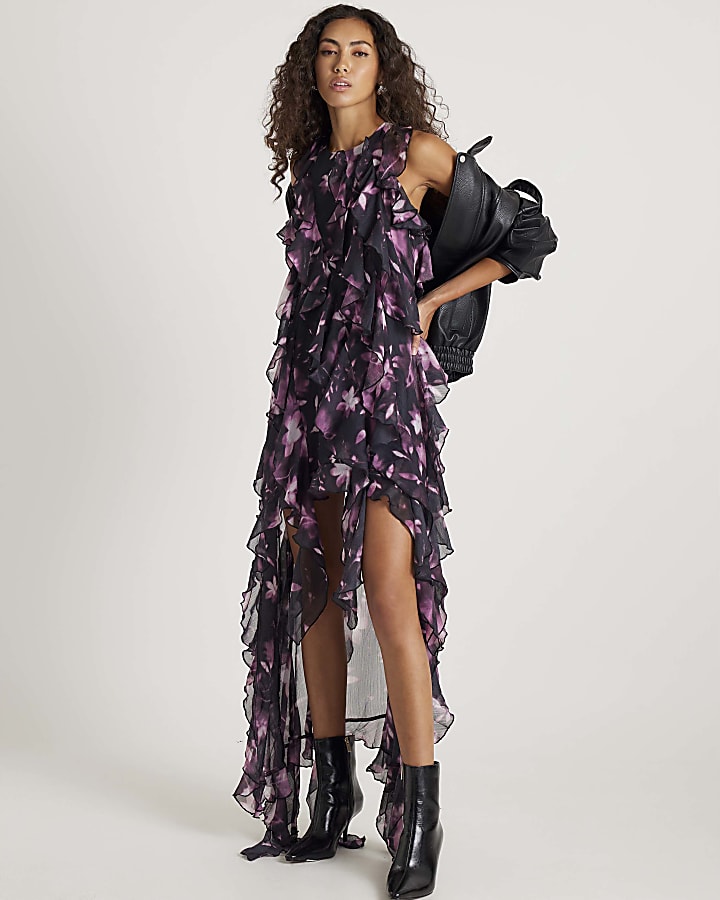 River Island Black Floral Ruffle Maxi Dress