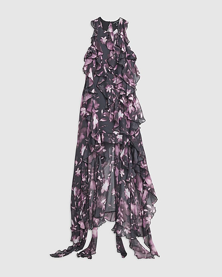 river island Black floral ruffle maxi dress