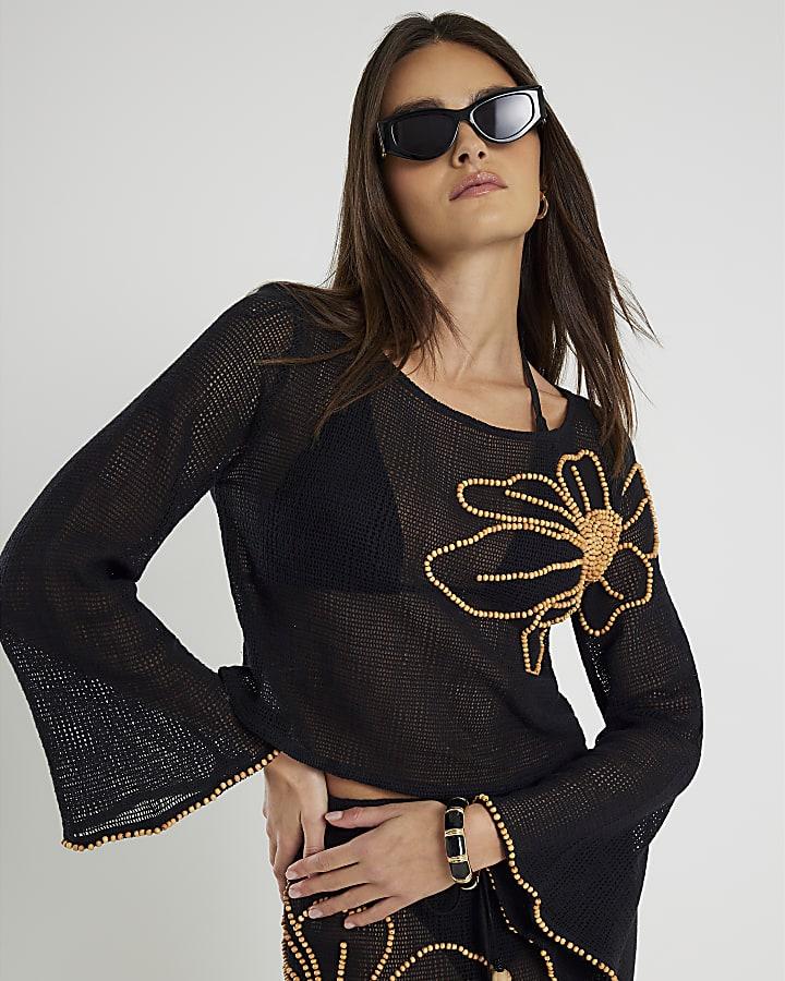 River Island Black Flower Beach Crop Top