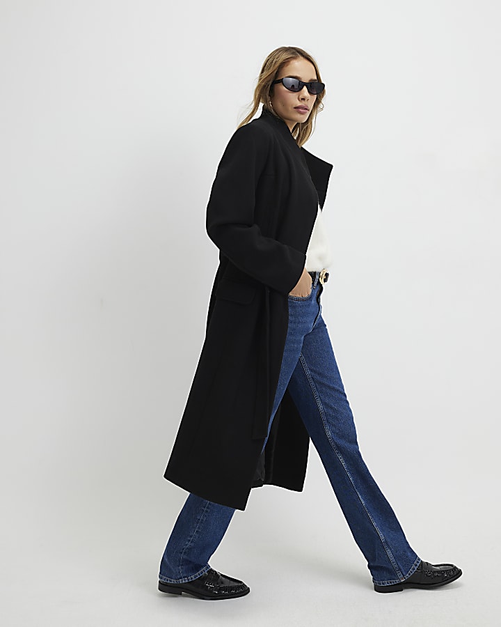 River Island Black Funnel Neck Wrap Longline Coat