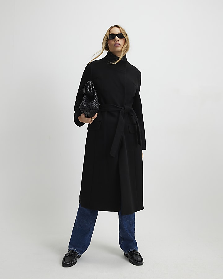 River Island Black Funnel Neck Wrap Longline Coat