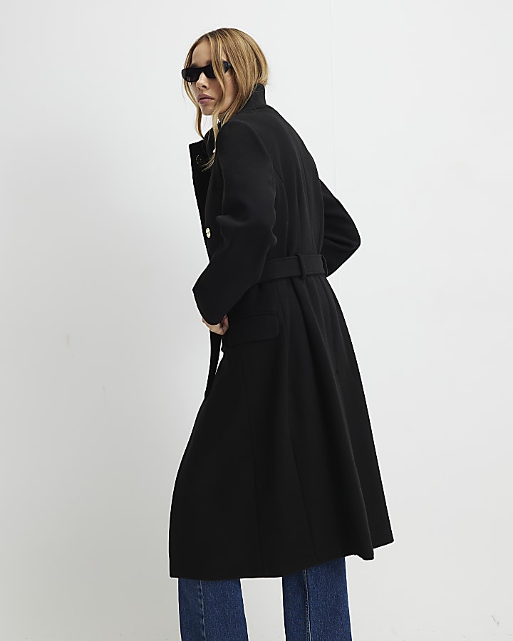 river island Black Funnel Neck Wrap Longline Coat