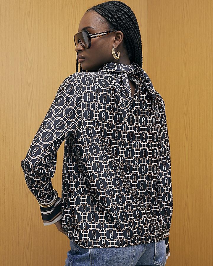 River Island Black Geometric Print Scarf Shirt