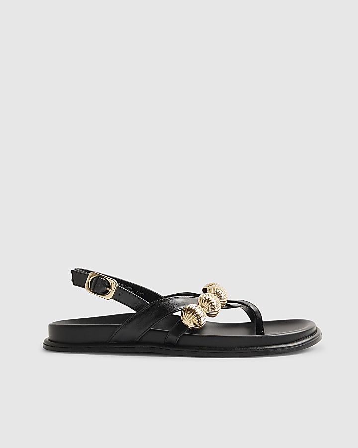 River Island Black Gold Ball Strap Footbed Sandals
