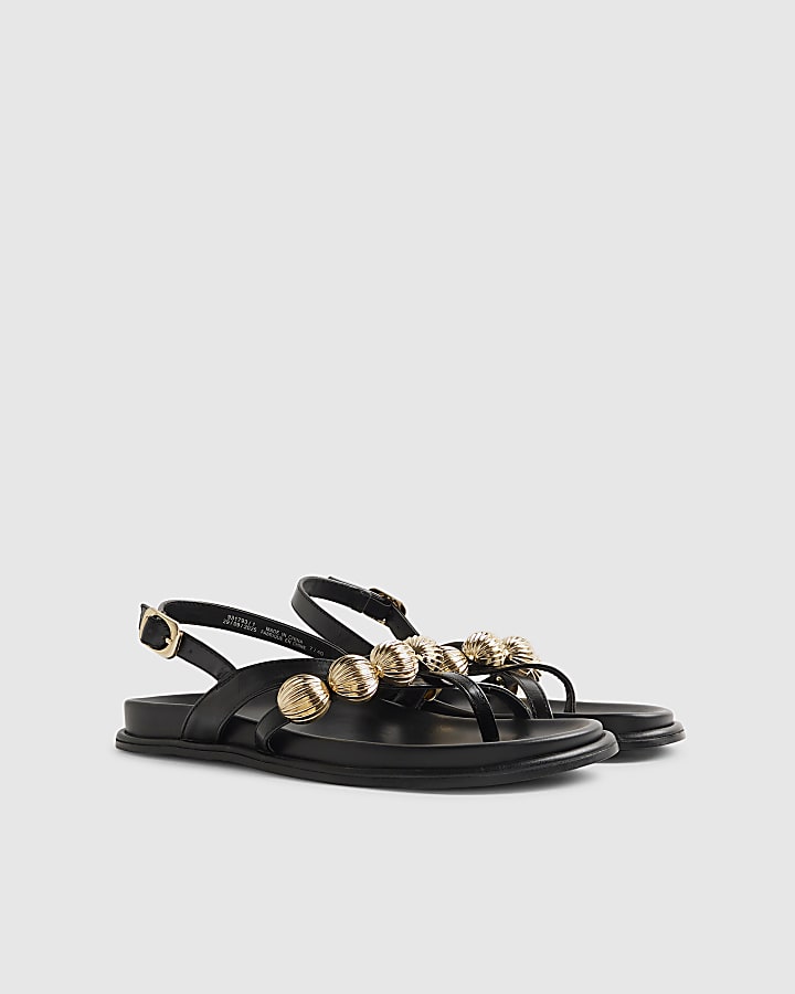 River Island Black Gold Ball Strap Footbed Sandals