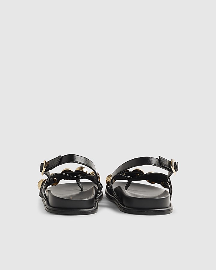 River Island Black Gold Ball Strap Footbed Sandals