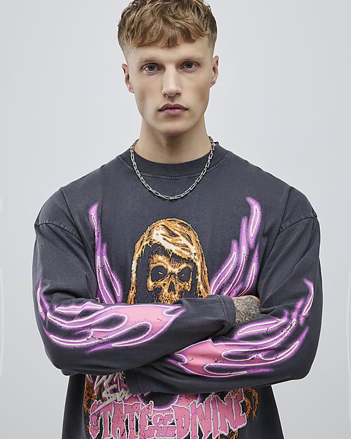 River Island Black Grunge Divine Skull T-Shirt