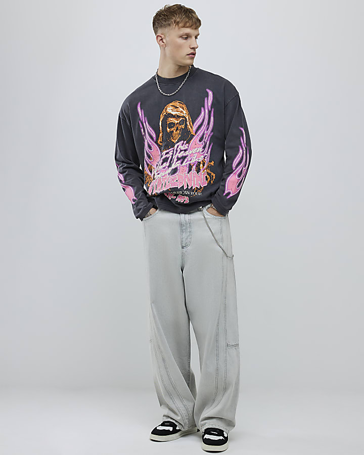 River Island Black Grunge Divine Skull T-Shirt