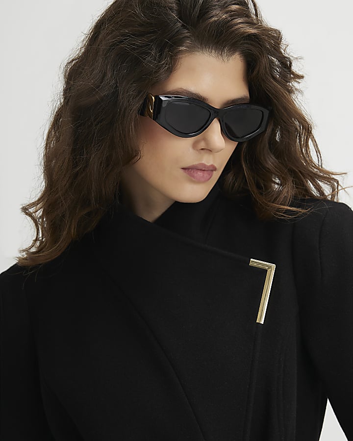 River Island Black High Neck Wrap Belted Coat