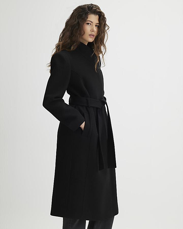 River Island Black High Neck Wrap Belted Coat