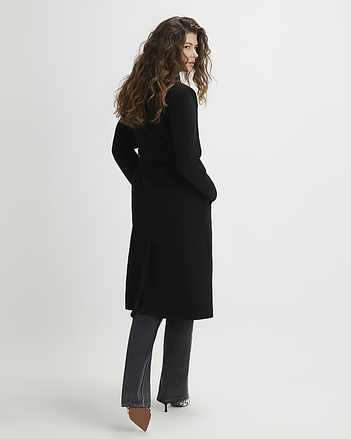 river island Black High Neck Wrap Belted Coat