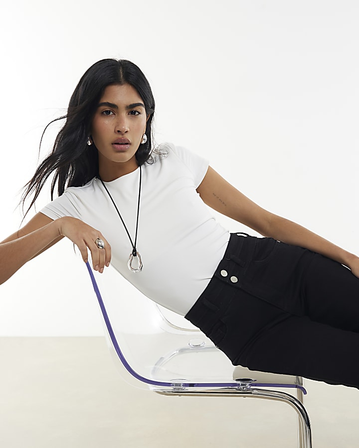 River Island Black High Rise Relaxed Flare Jeans