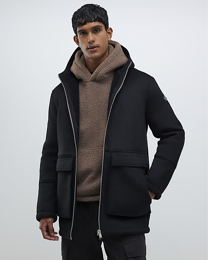 River Island Black Hooded Shearling Coat