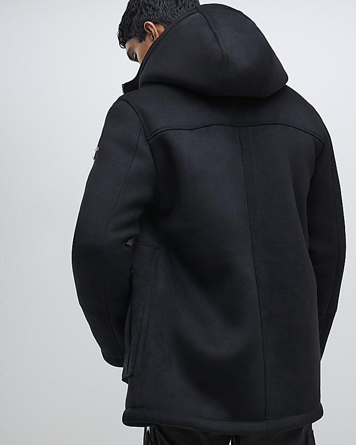 River Island Black Hooded Shearling Coat