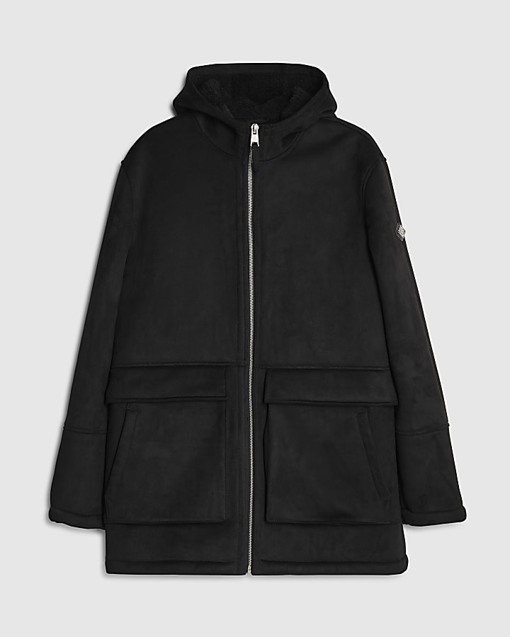 river island Black Hooded Shearling Coat