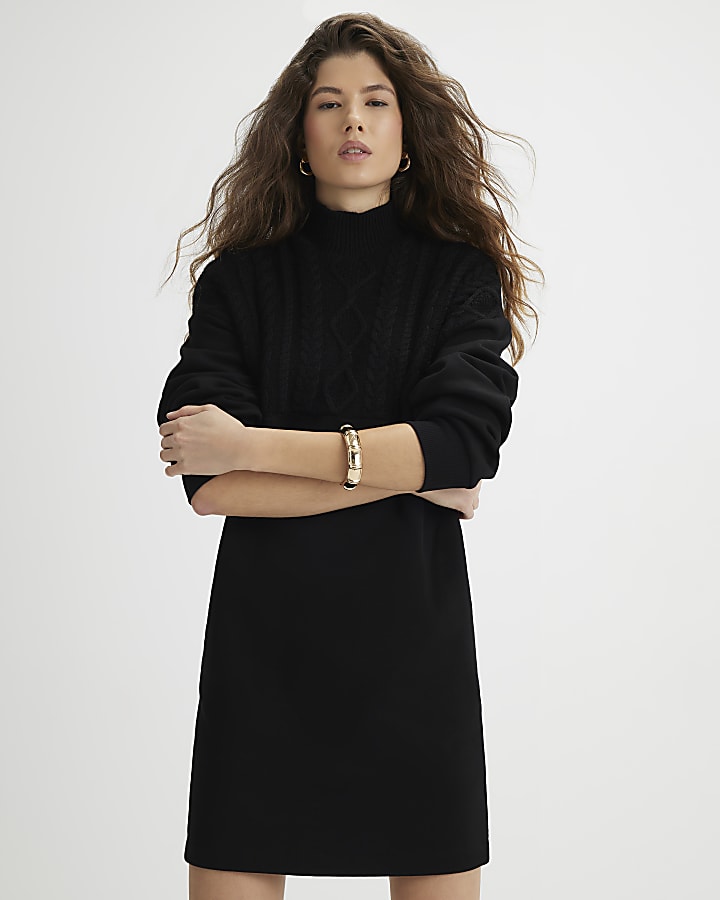 River Island Black Knit Mix Roll Neck Jumper Dress