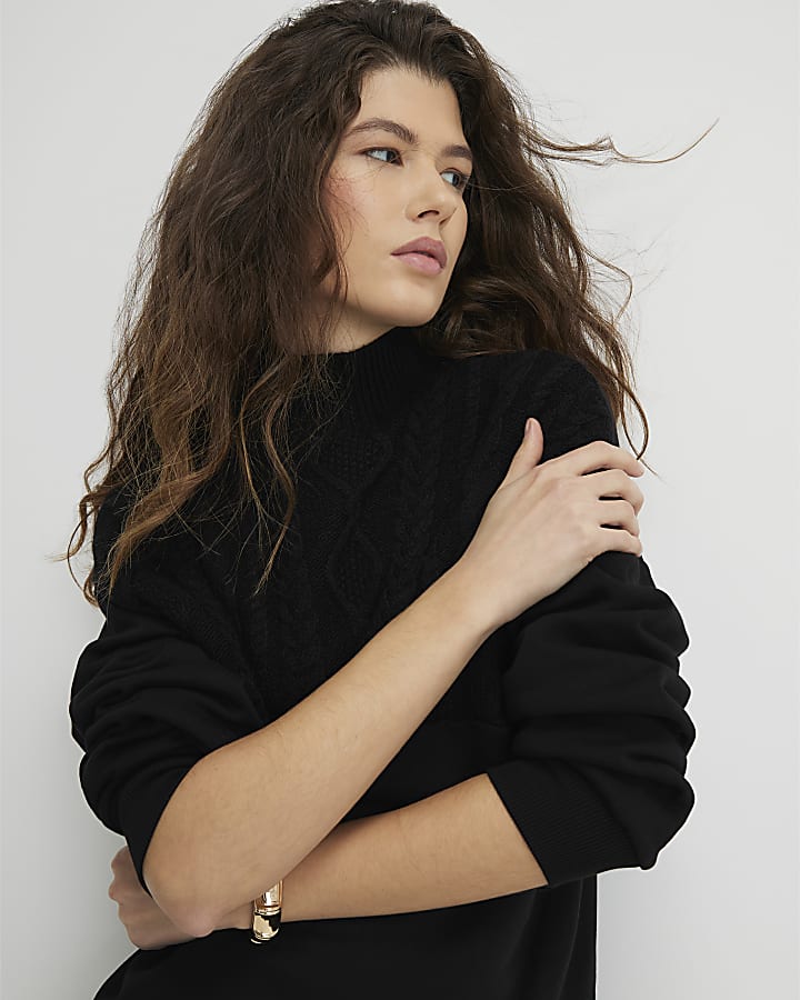 River Island Black Knit Mix Roll Neck Jumper Dress