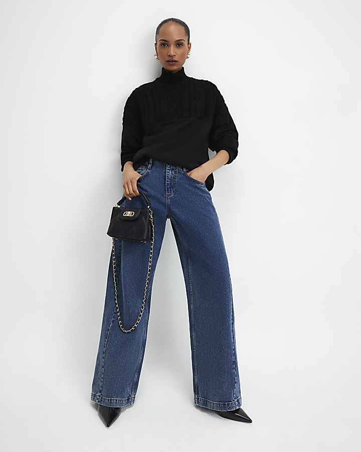 River Island Black Knit Mix Roll Neck Sweatshirt