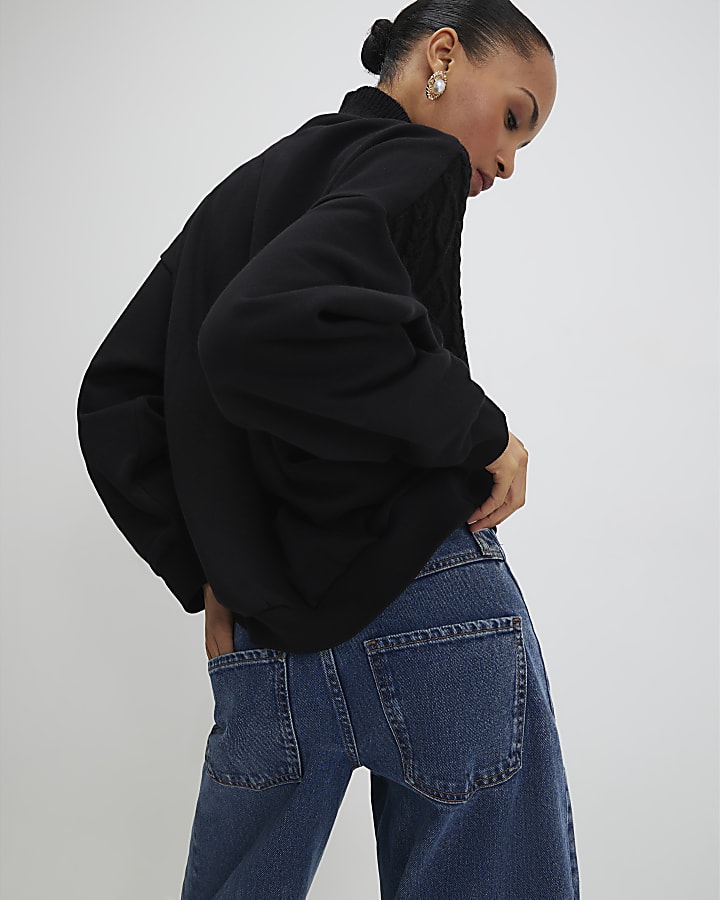 River Island Black Knit Mix Roll Neck Sweatshirt