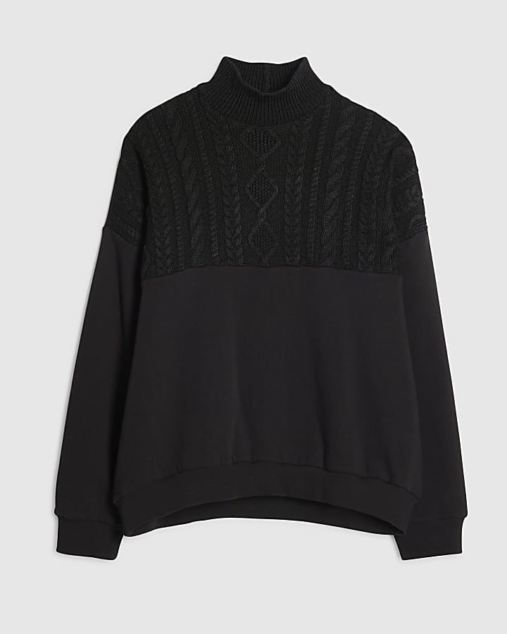 river island Black Knit Mix Roll Neck Sweatshirt