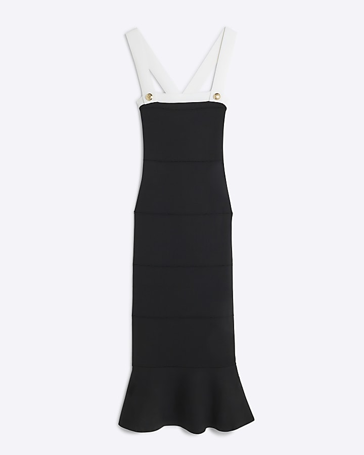 river island Black Knit Peplum Hem Midi Dress