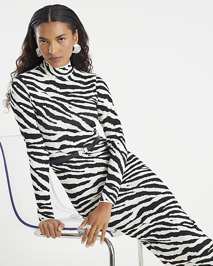 River Island Black Knit Zebra Belted Midi Dress