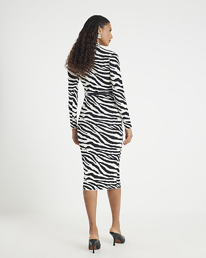 River Island Black Knit Zebra Belted Midi Dress