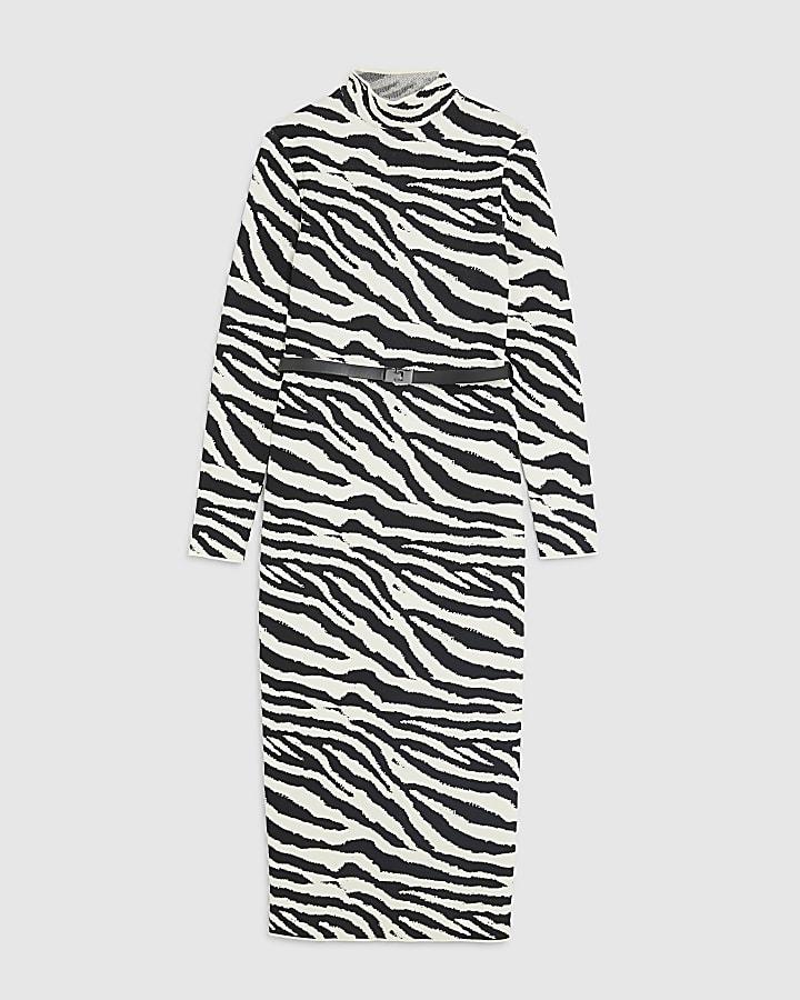 river island Black Knit Zebra Belted Midi Dress