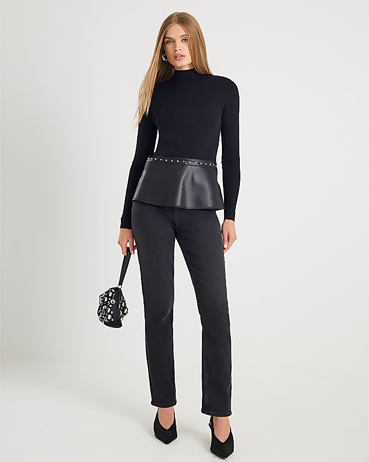 River Island Black Knitted Studded Peplum Hem Top