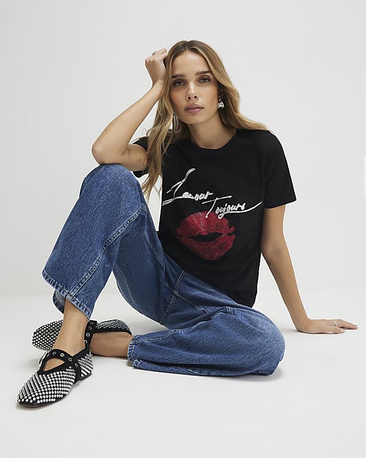 River Island Black L'amour Lips T-Shirt